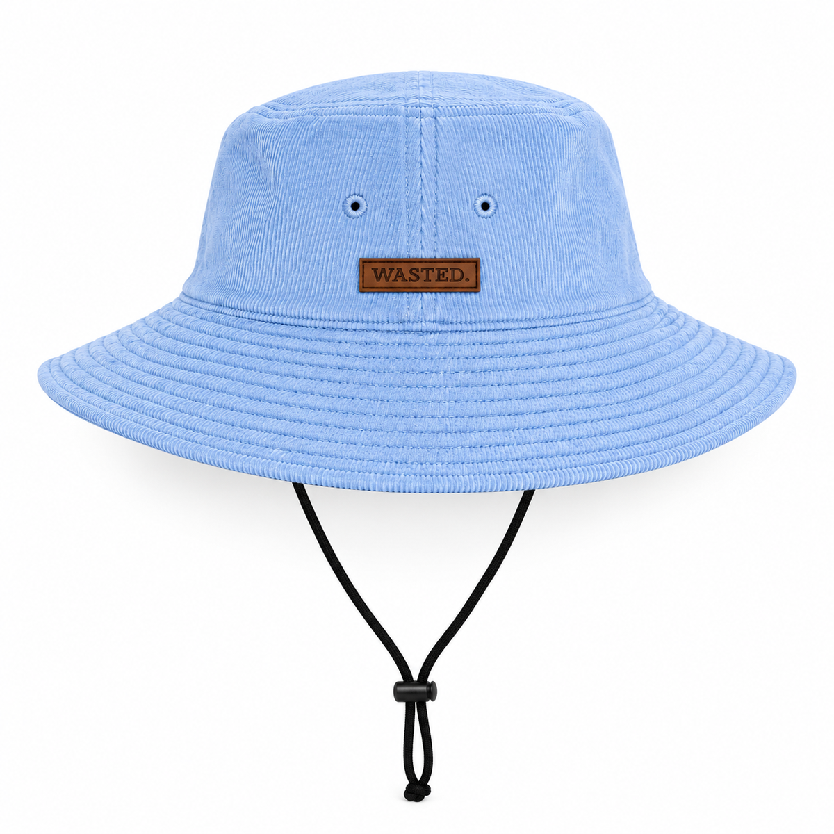 Light blue WASTED cotton corduroy bucket hat with leather badge and black polyester chin cord